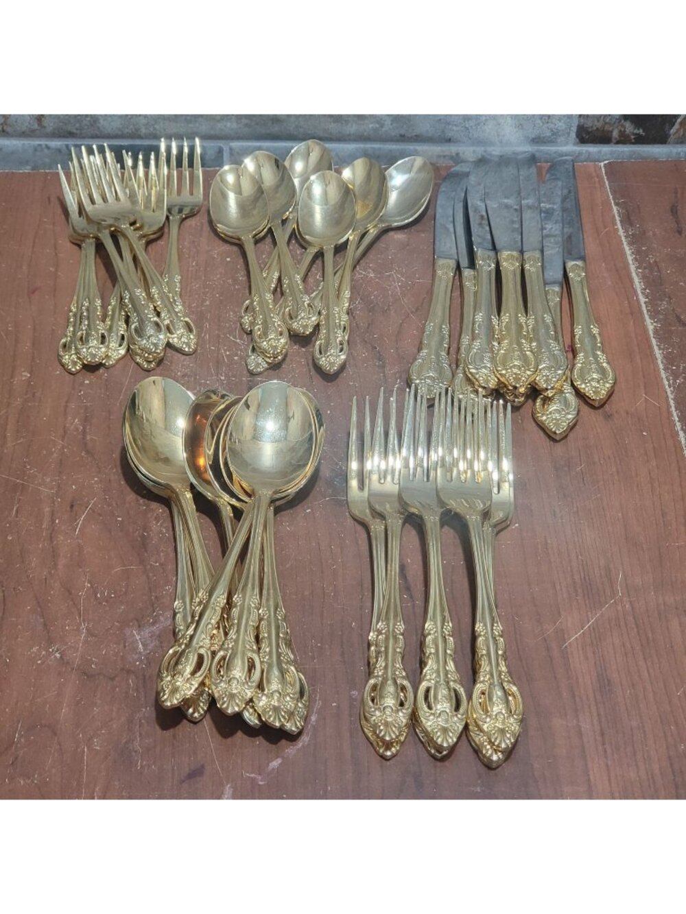 40 Piece Gold Electroplated Flatware Pierced Design Marked Stainless Steel Korea